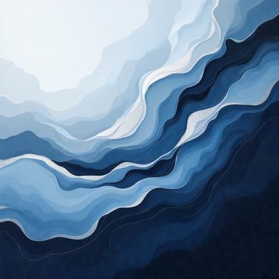 The primary subject of the image is a blue ocean with waves. The setting is a vast body of water, and the visual style is a digital art or illustration. The dominant colors are blue and white, creating a serene and calming atmosphere.
